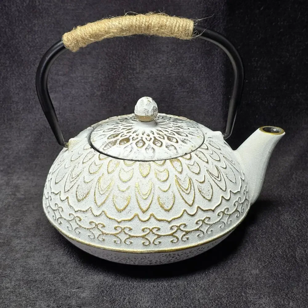 Vintage Colored Cast Iron Teapot Wicker Handle & Removable Infuser Tea Kettle